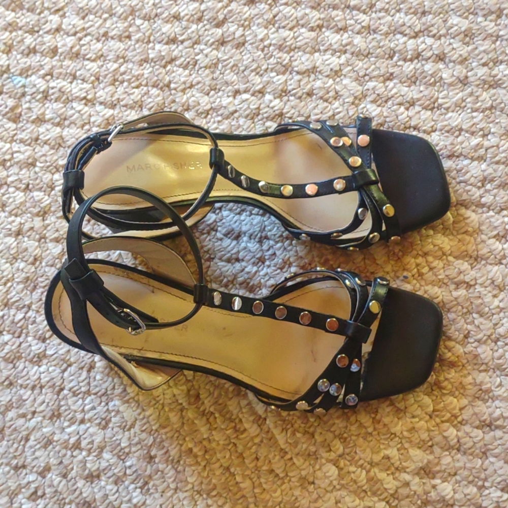 Marc Fisher Heeled Block Sandals Black with studded ornaments on straps